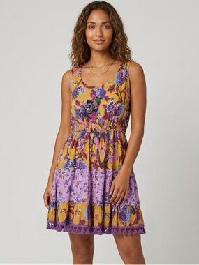 Cotton Floral Tiered Sundress in Mustard and Lavender